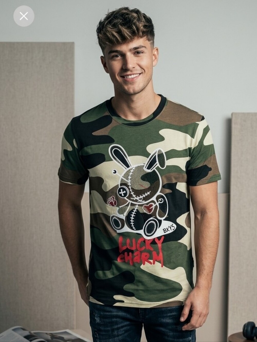 BKYS Lucky Charm Men's Short Sleeve Camo Tee w/Rhinestones Size Small
